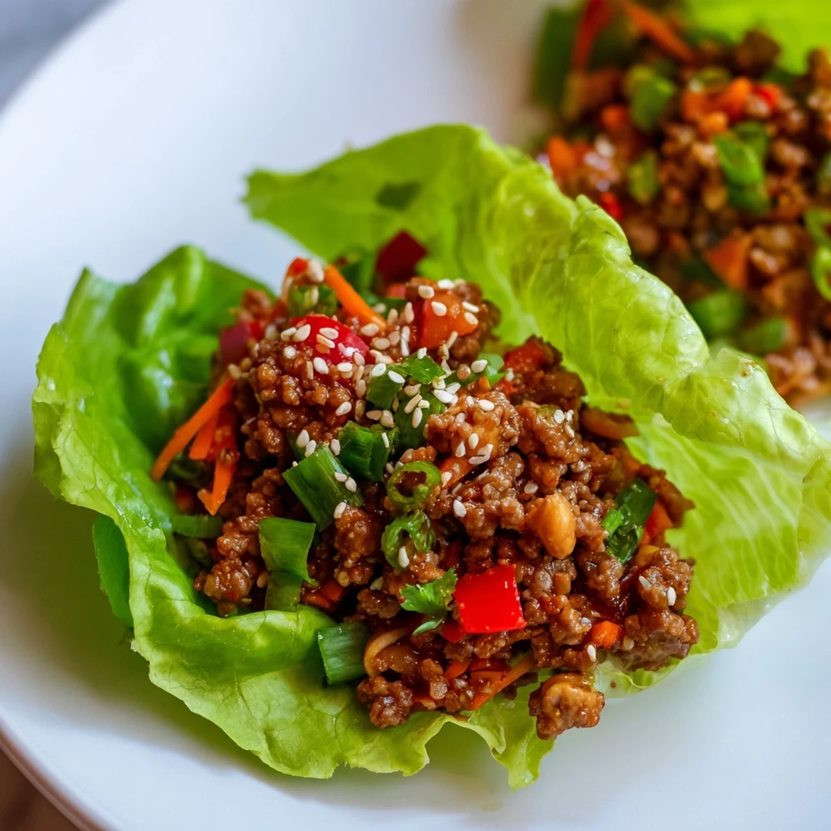 Gluten-free beef lettuce wraps garnished with sesame seeds and herbs, offering a satisfying low-carb appetizer or main dish.