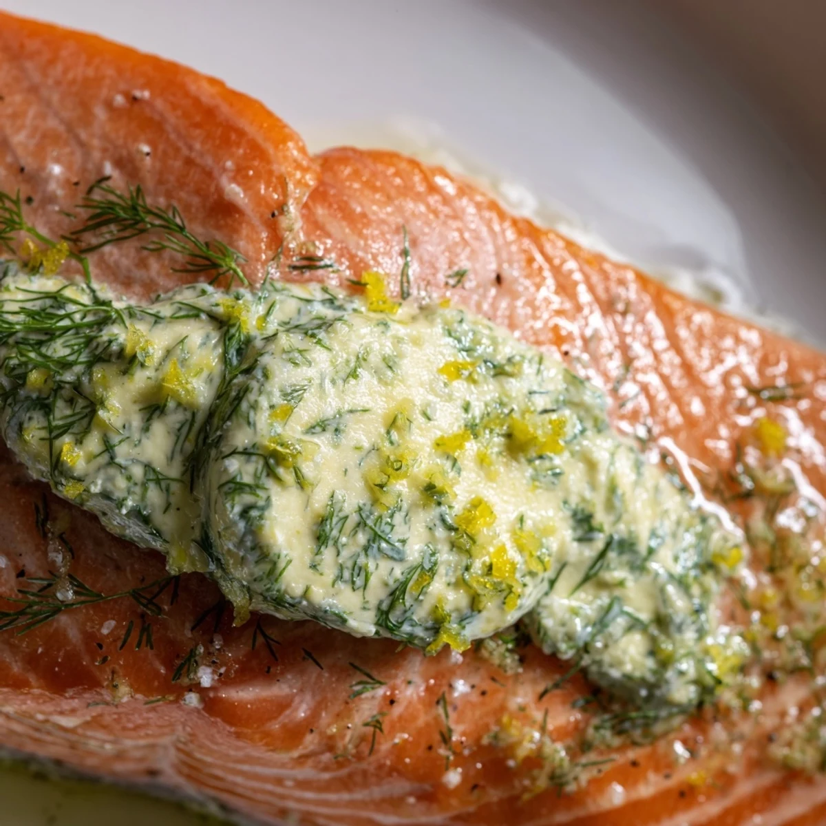 Freshly baked salmon fillets, glistening with creamy dill butter and bright lemon zest, served on a white plate.