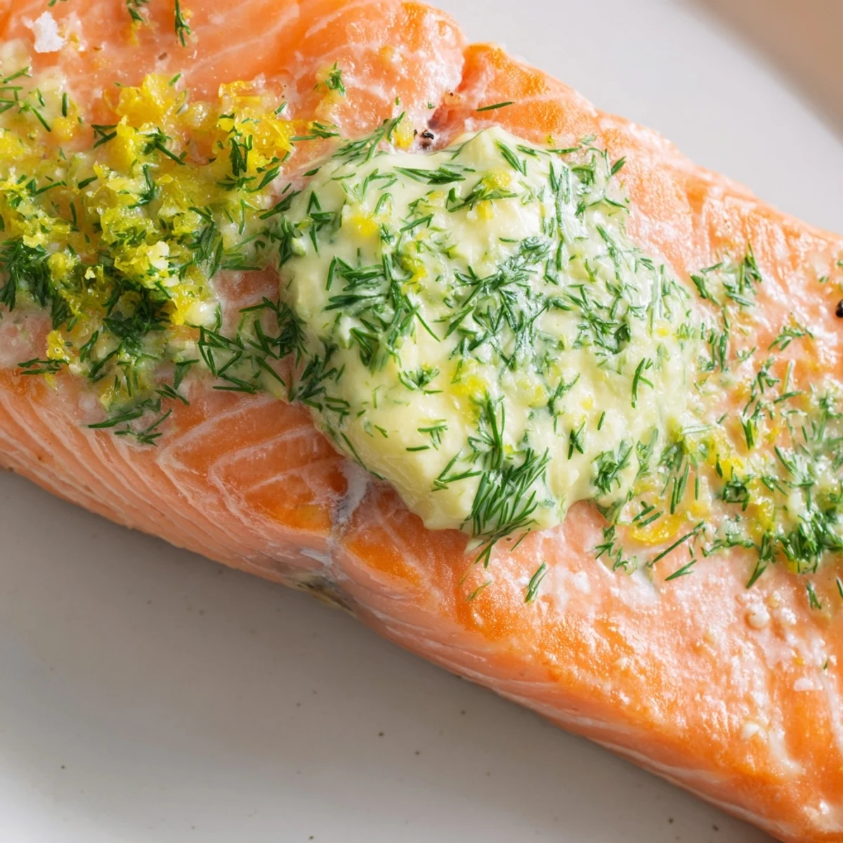 Flaky, tender salmon with melted dill butter, garnished with fresh herbs and lemon wedges for a vibrant dinner.