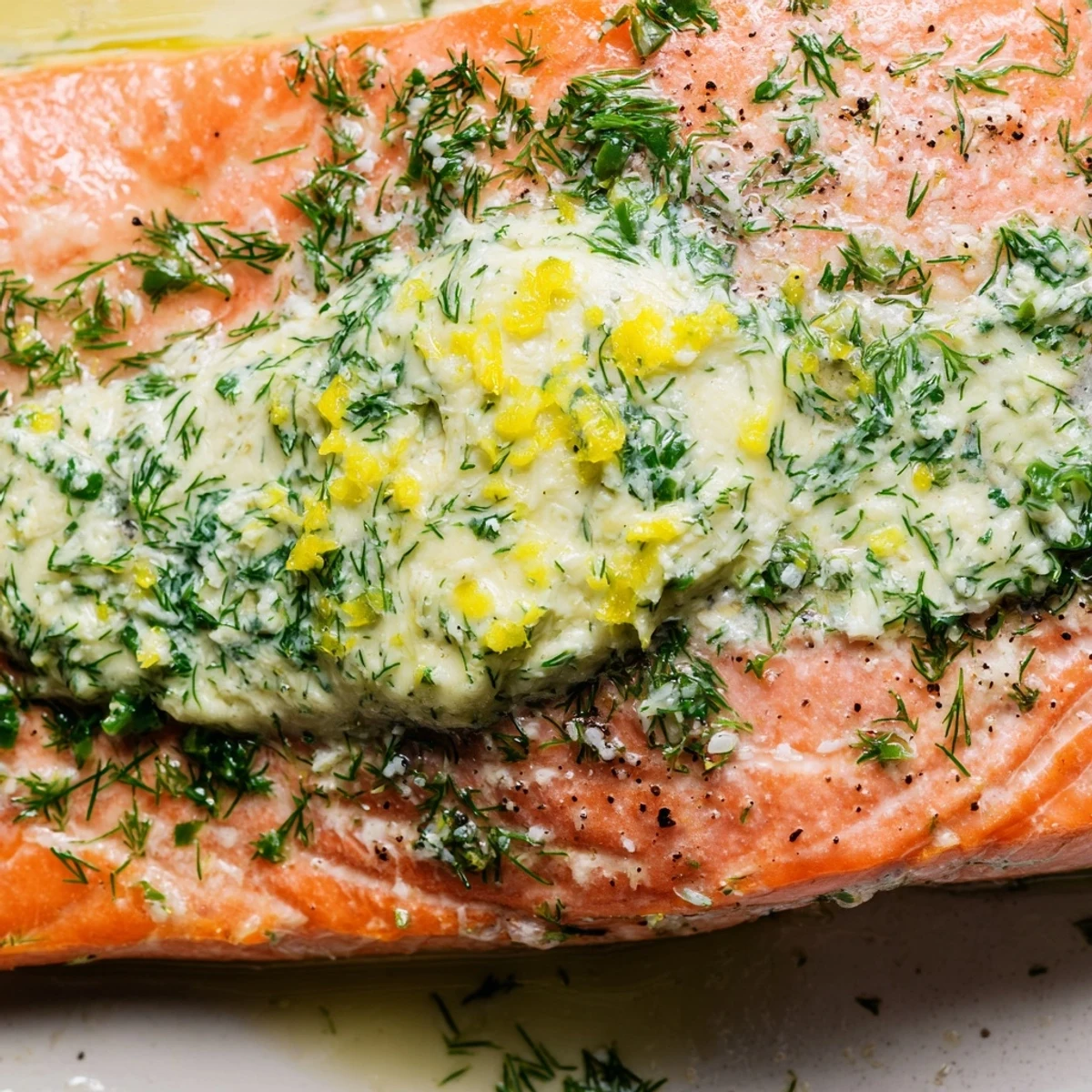 Perfectly cooked baked salmon, topped with fragrant dill butter and a squeeze of lemon, ideal for a healthy weeknight meal.