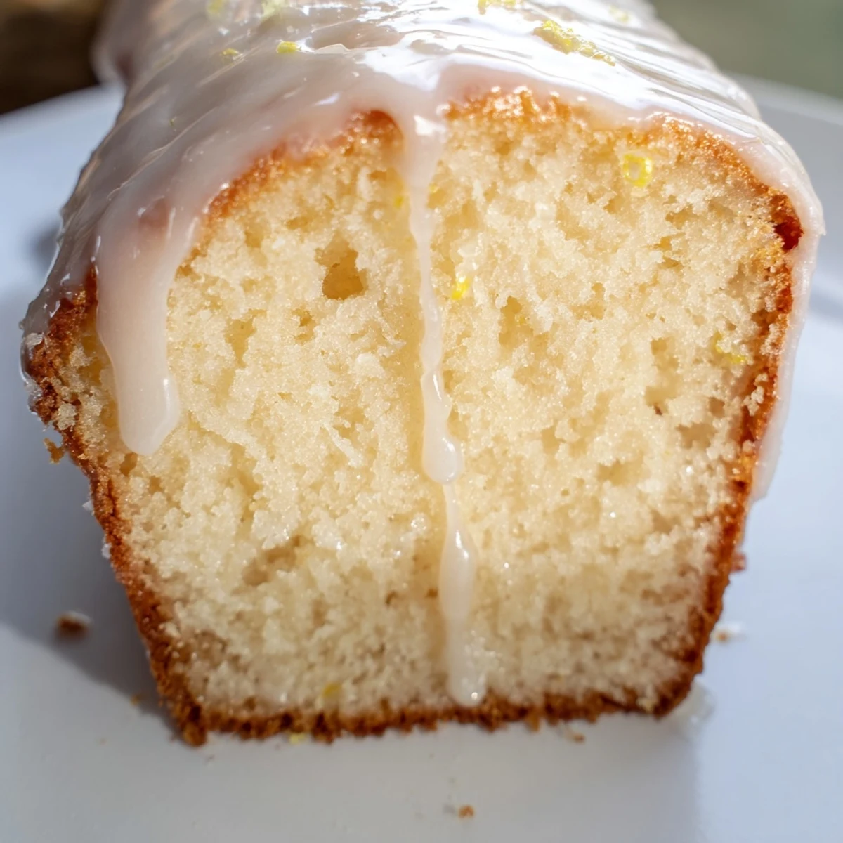 A golden-brown Lemon Loaf Cake topped with vibrant yellow lemon glaze, cut open to reveal its soft, fluffy interior and fresh lemon zest.