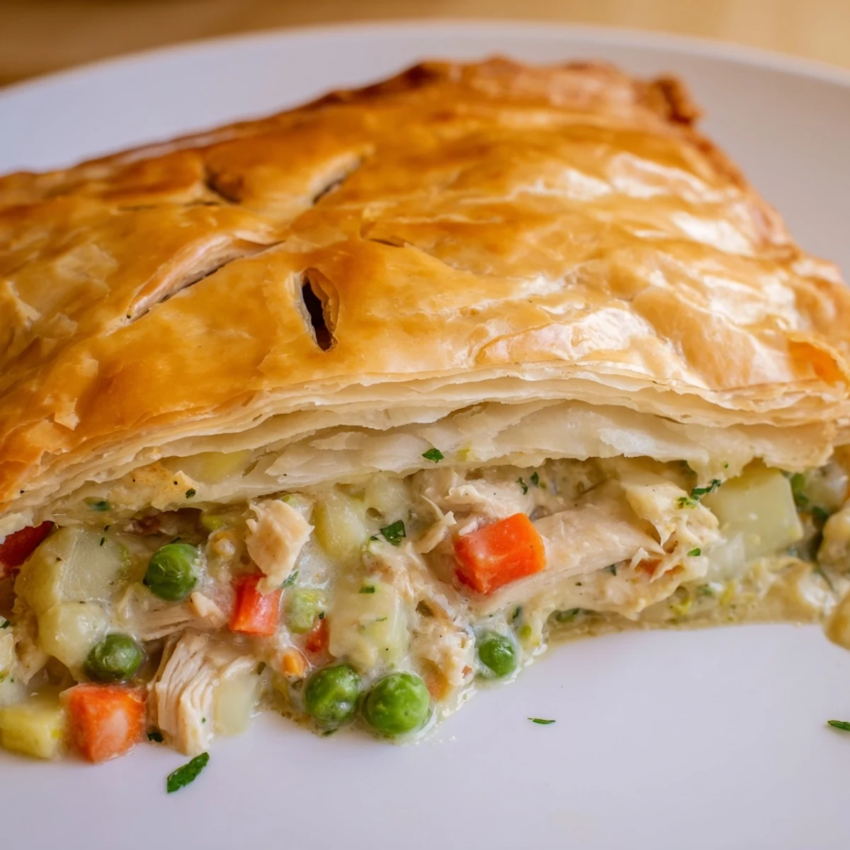 A freshly baked Chicken Pot Pie emerges from the oven with a golden, flaky pastry crust and steam rising from the creamy filling.