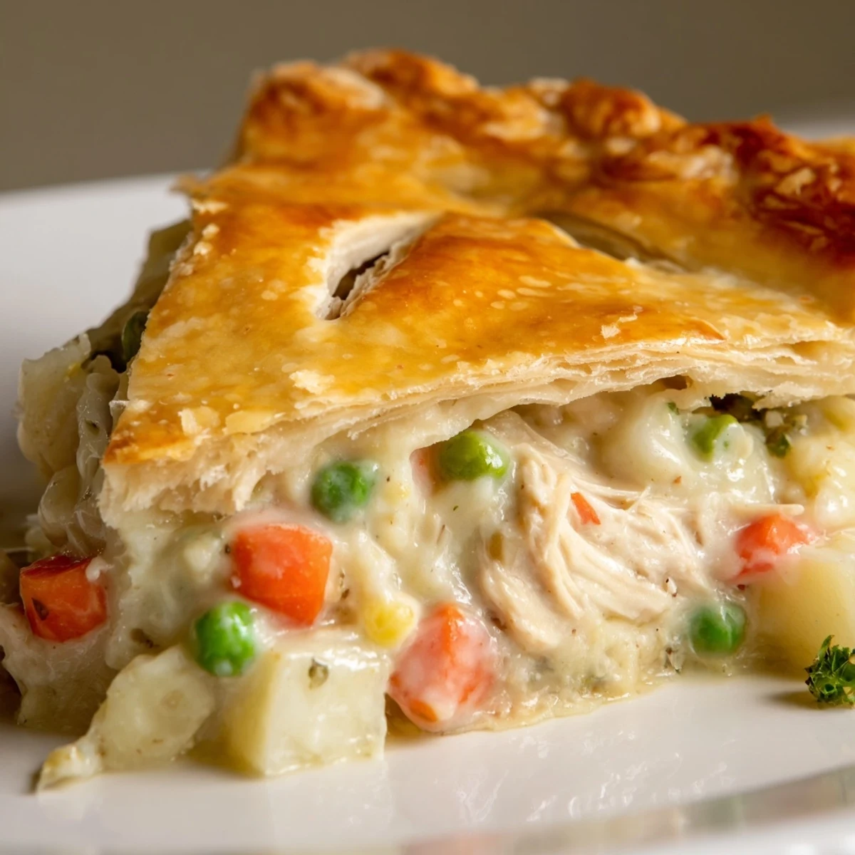 Sliced Chicken Pot Pie reveals tender chicken, peas, and carrots in a rich sauce, served in a white ceramic dish.