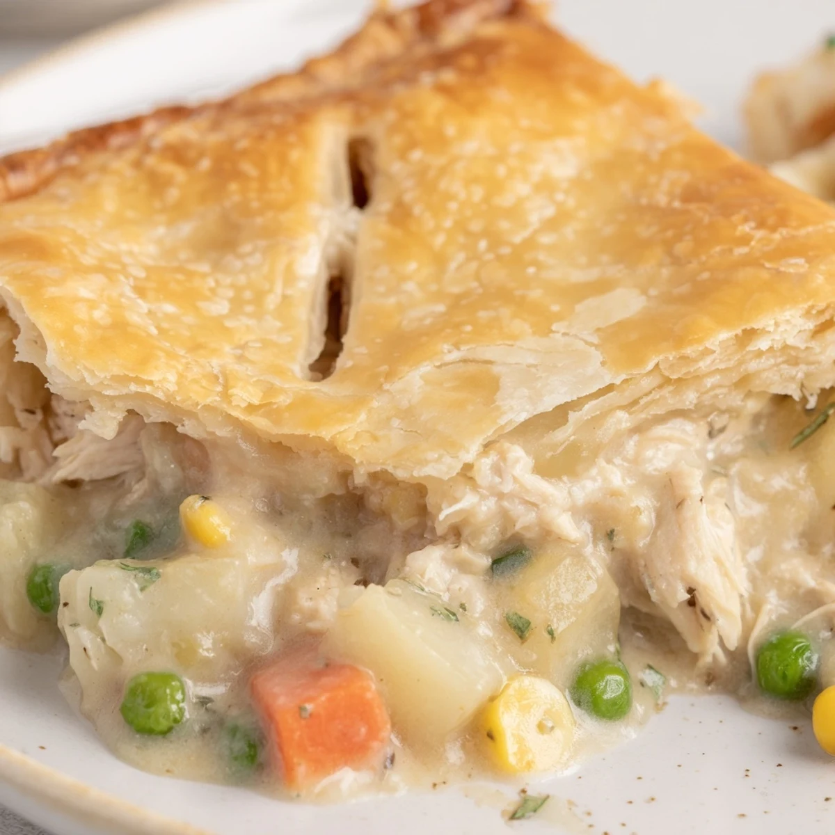 Golden-brown Chicken Pot Pie with a lattice crust, ready to serve alongside a fresh green salad on a rustic table.