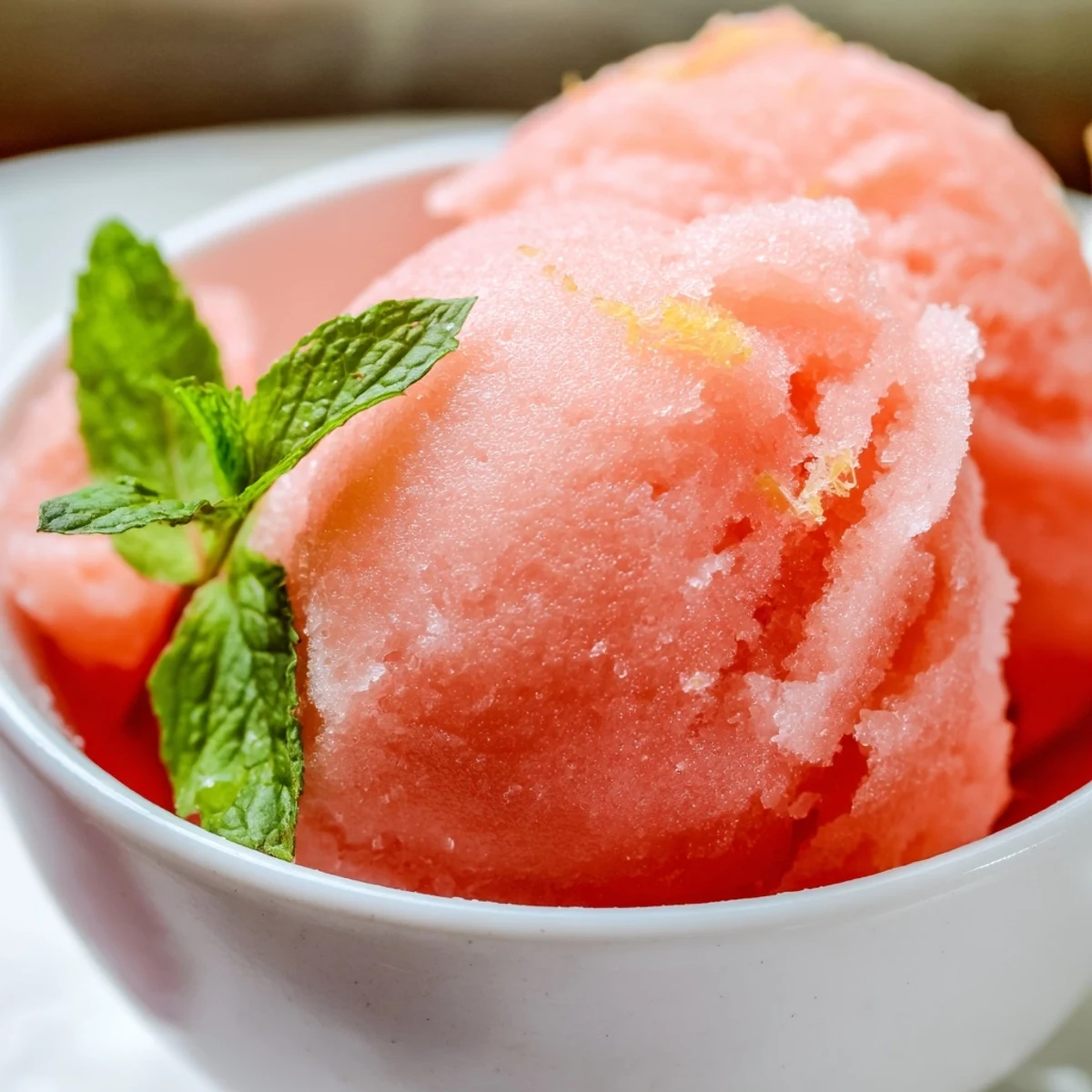 Vibrant Pink Grapefruit Sorbet garnished with fresh mint leaves, served on a hot summer afternoon.  