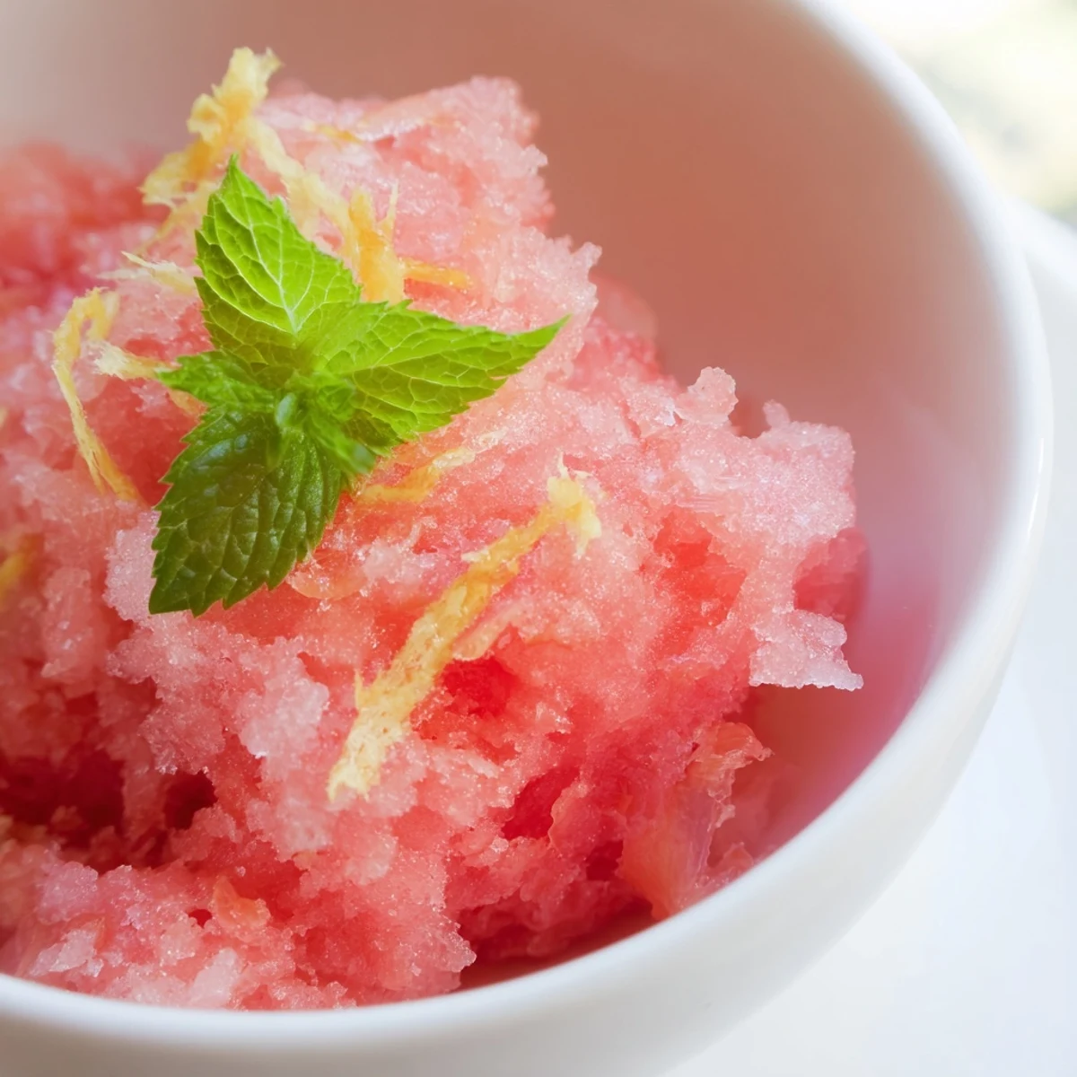 Homemade Pink Grapefruit Sorbet melting slightly on a cone, with vibrant citrus zest sprinkled on top.