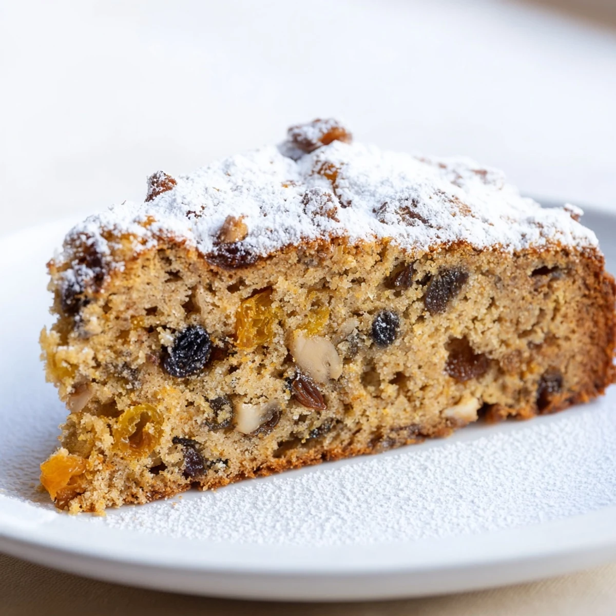 A slice of Irish Whiskey-Free Cake on a white plate, dusted with powdered sugar and topped with a dollop of whipped cream.