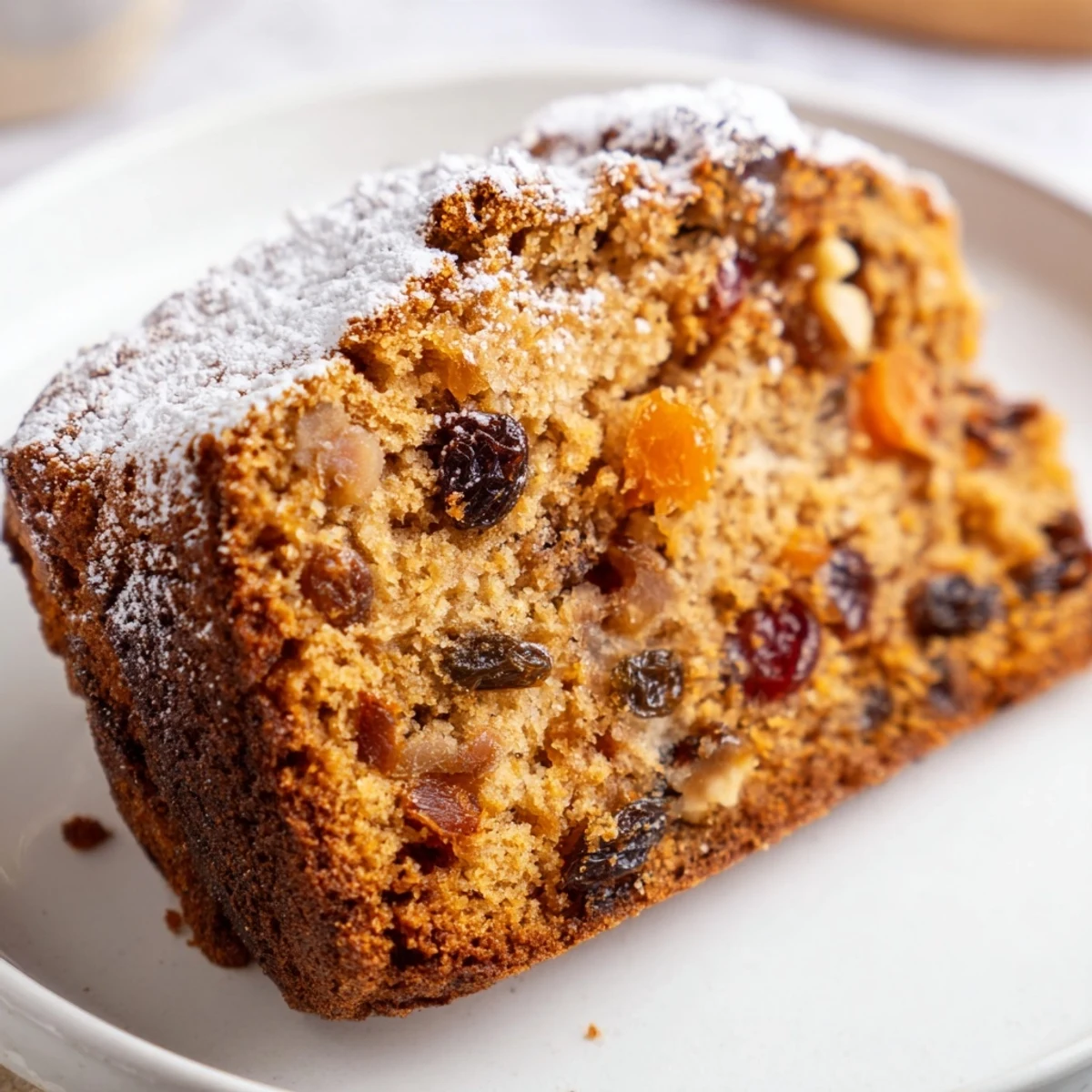 Close-up view of the moist Irish Whiskey-Free Cake, showcasing chunks of dried fruit and chopped walnuts in the golden crumb.