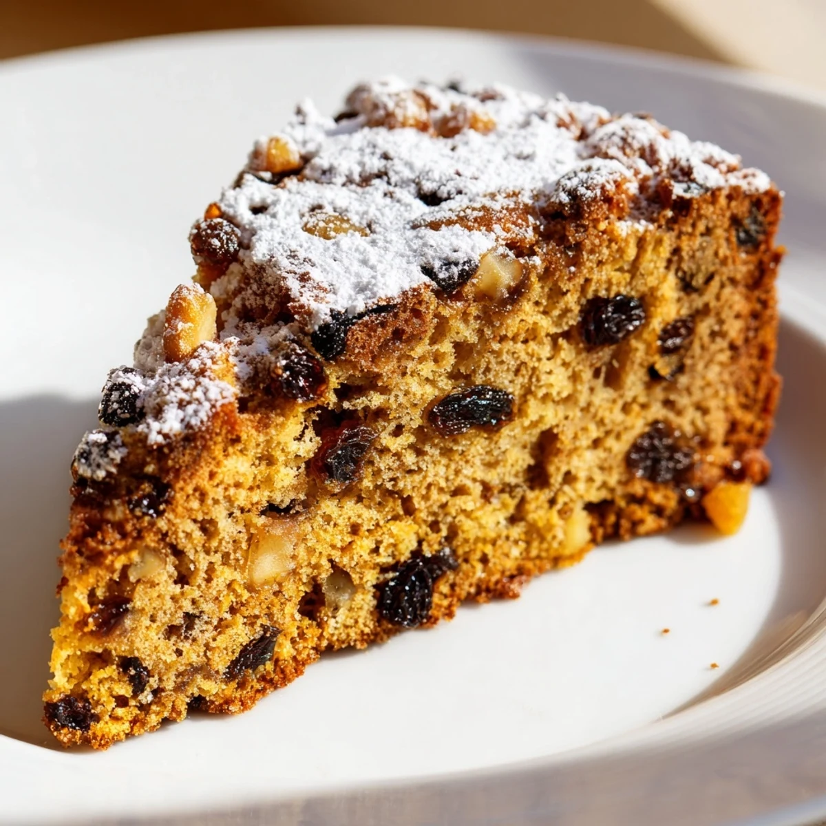 A rustic Irish Whiskey-Free Cake rests on a wooden board, ready to be sliced for teatime or dessert.