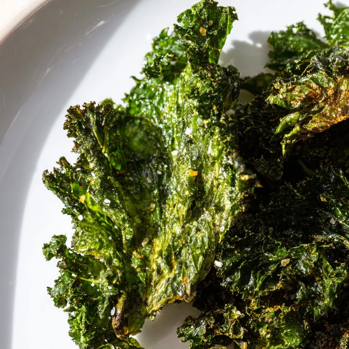A hand holding a handful of green kale chips with sea salt, highlighting their light, crunchy texture.