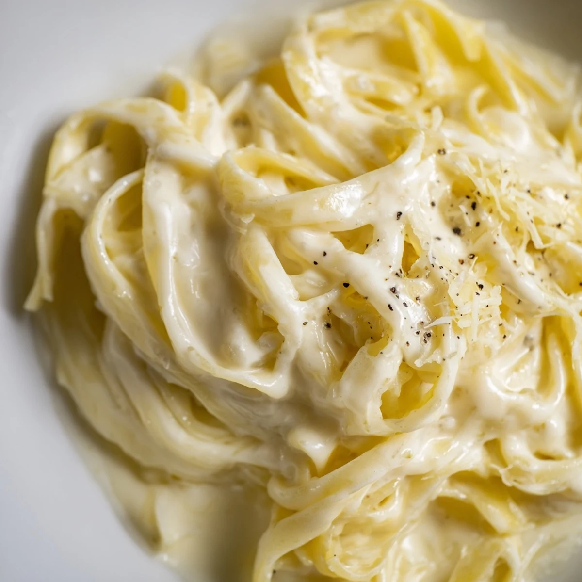 Freshly made Creamy Alfredo Sauce bubbling in a saucepan, with minced garlic and grated Parmesan nearby, ready for pasta night.