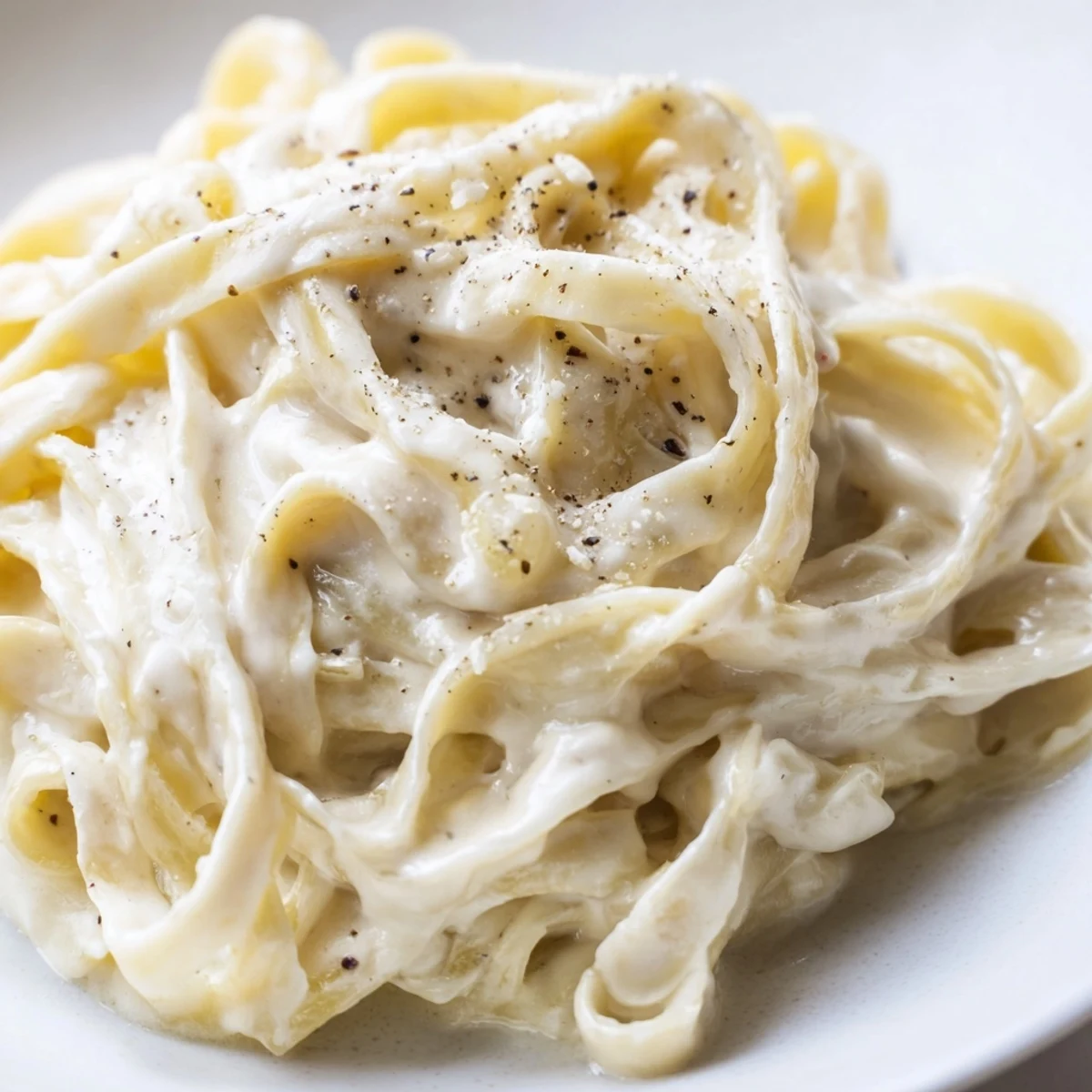 Creamy Alfredo Sauce drizzled over a serving of pasta, garnished with fresh parsley and extra Parmesan for a cozy dinner.