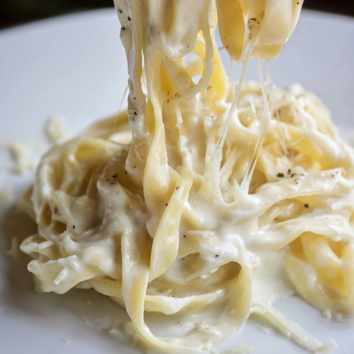 Golden, thick Creamy Alfredo Sauce being whisked in a pan, the velvety texture perfect for coating steaming fettuccine noodles.
