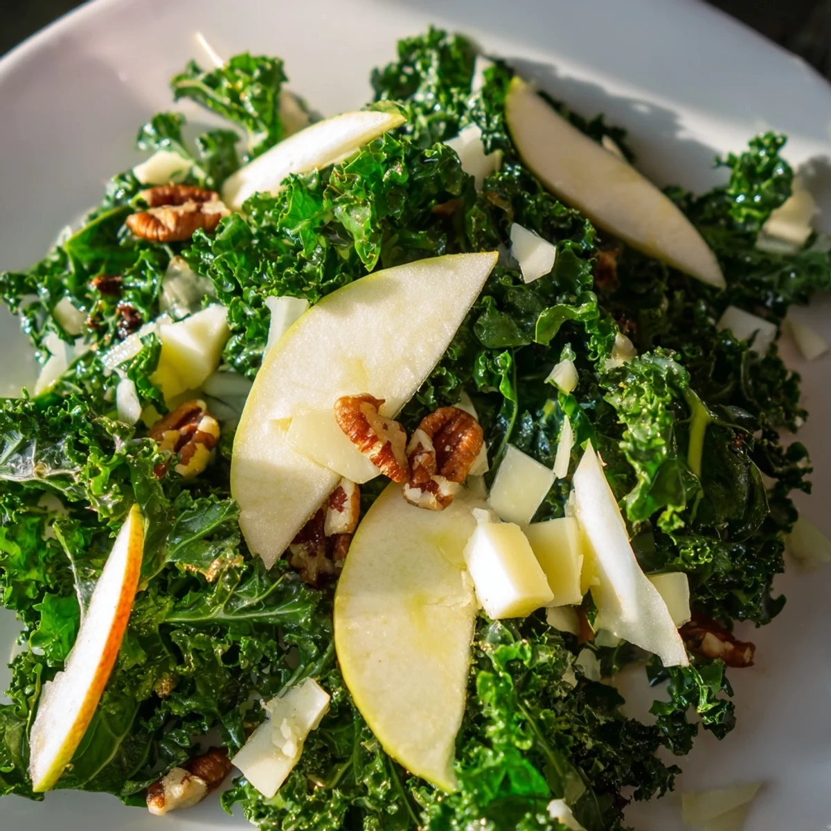 A vibrant bowl of Winter Kale Salad with Apple and Cheddar, featuring tender greens, sweet fruit, and rich cheese.