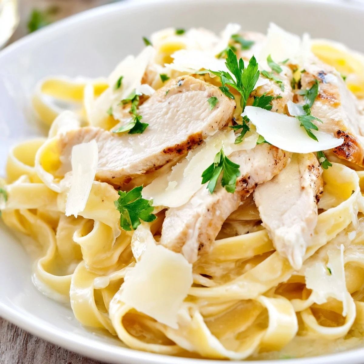 Creamy Alfredo pasta topped with sliced grilled chicken breast, garnished with fresh parsley and Parmesan cheese.