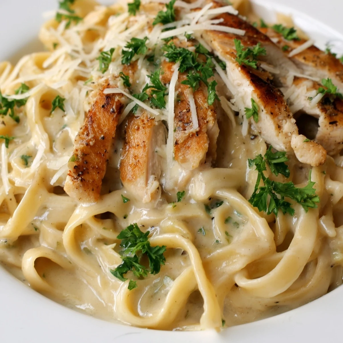 Rich, creamy pasta with grilled chicken, ready to serve with a side salad and garlic bread.