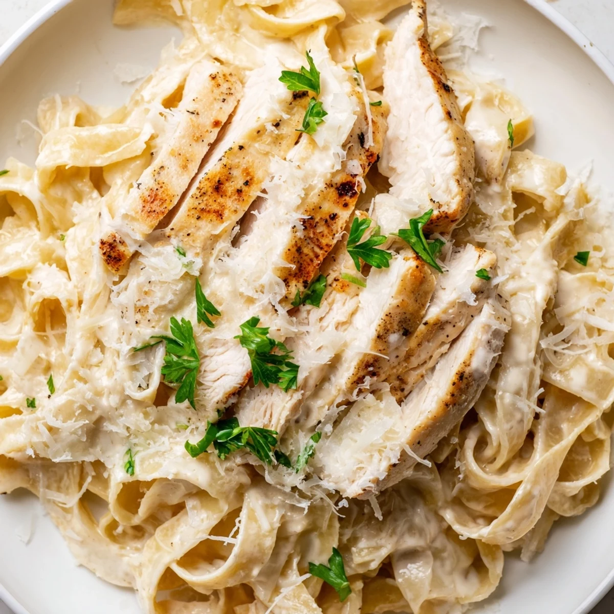 Golden, tender grilled chicken slices rest on a bed of creamy Alfredo fettuccine for a comforting meal.