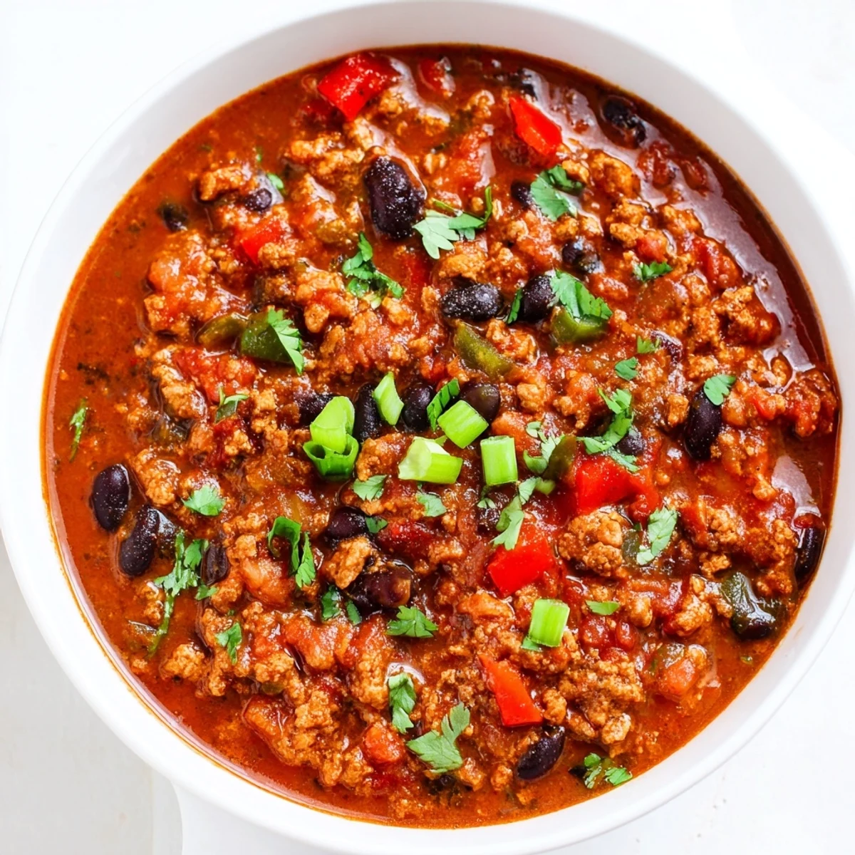 Steaming bowl of Turkey Chili with Black Beans and Tomatoes, garnished with fresh cilantro, avocado slices, and green onions.  