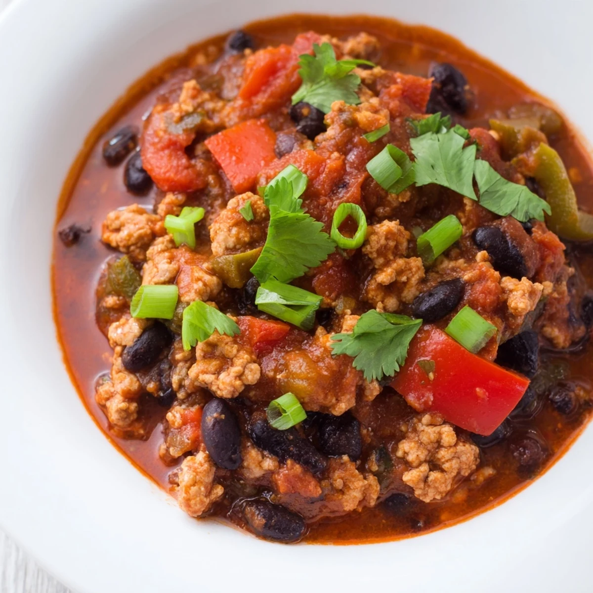 A close-up of Turkey Chili with Black Beans and Tomatoes, featuring rich, chunky texture and vibrant red hues, perfect for cozy dinners.