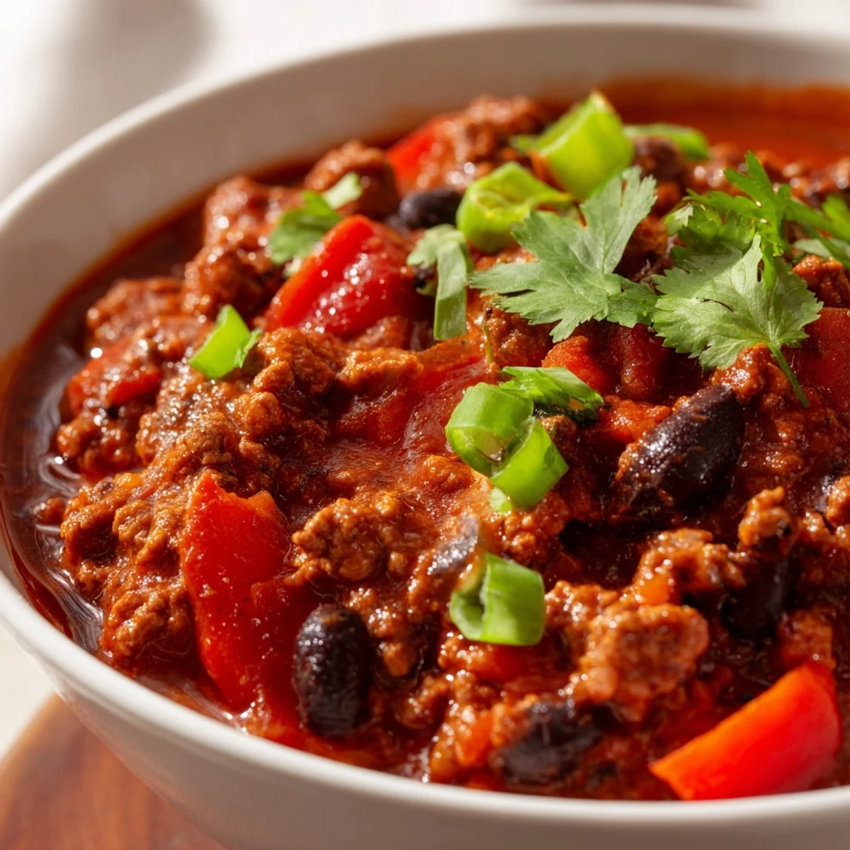 Hearty Turkey Chili with Black Beans and Tomatoes simmering in a rustic pot, ready to ladle into bowls for a comforting meal.  