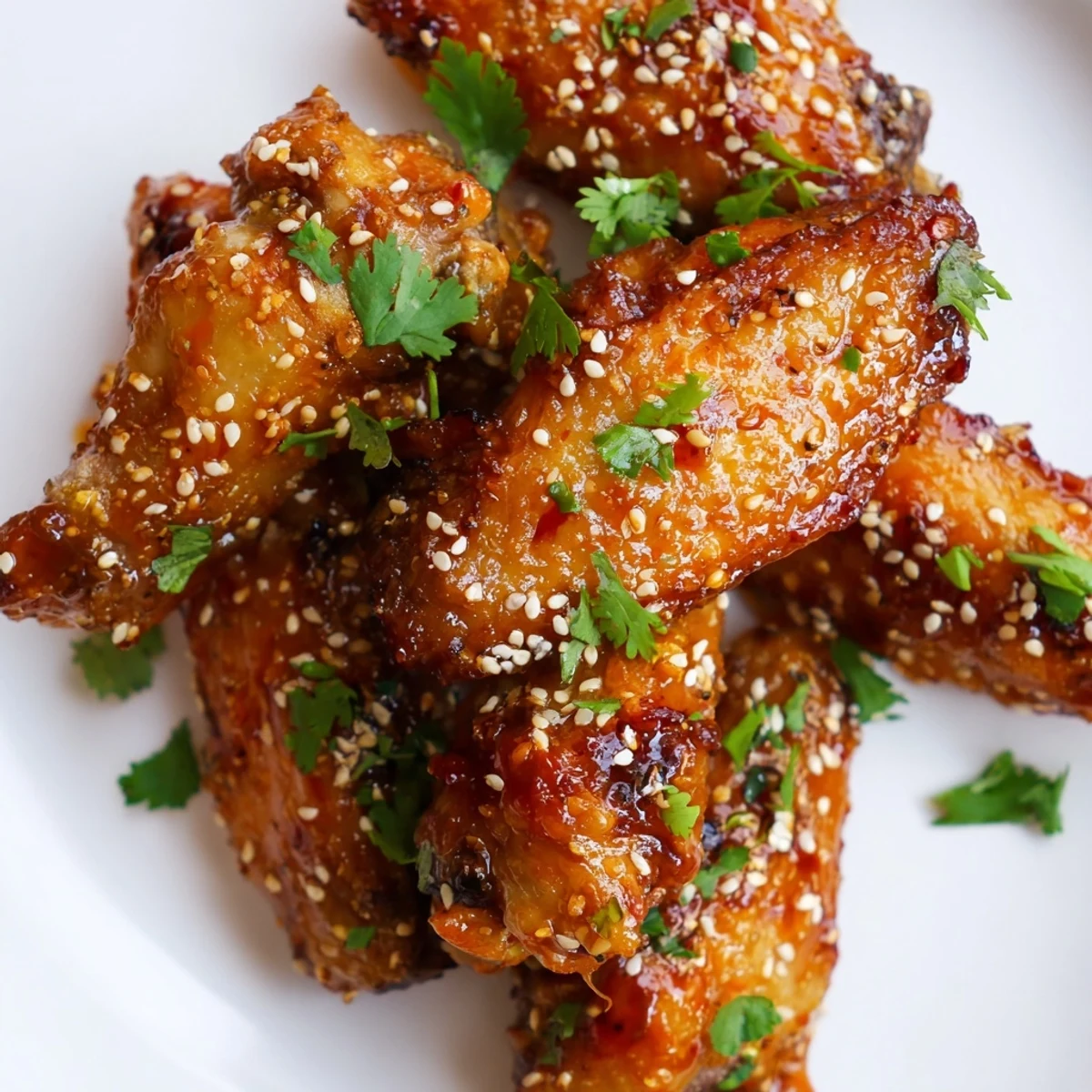 A close-up view of golden-brown Spicy Sriracha Chicken Wings tossed in a vibrant red sauce with lime wedges on the side.  