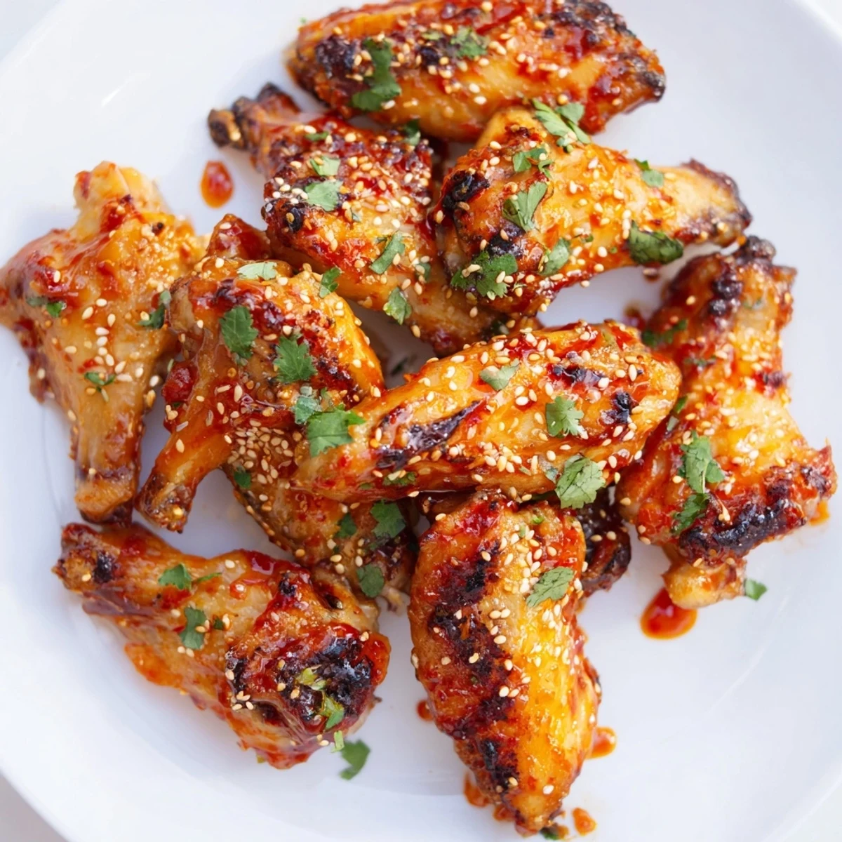 Platter of juicy Spicy Sriracha Chicken Wings served with a cooling dip, perfect for game day snacking or appetizers.
