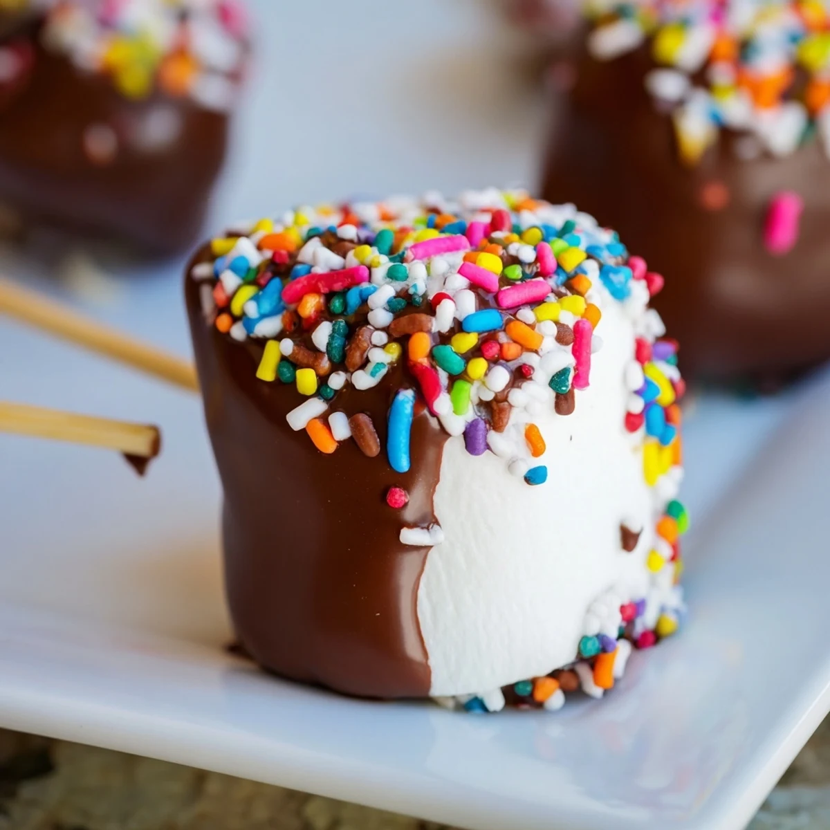 Chocolate dipped marshmallows with sprinkles, resting on parchment after being dipped and decorated for a party platter.
