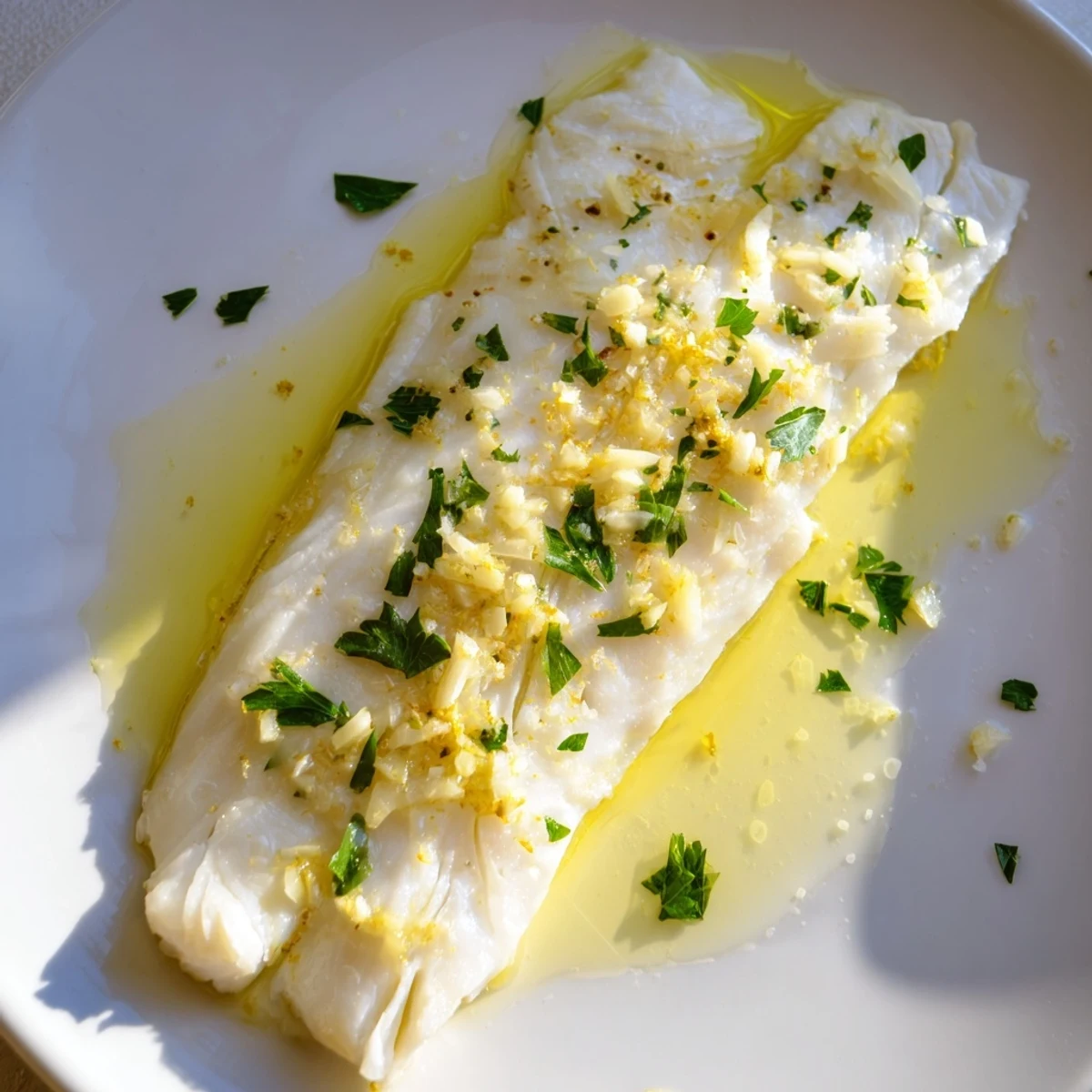 Golden-baked fish fillets glistening with fresh lemon juice and garnished with parsley on a white plate.  