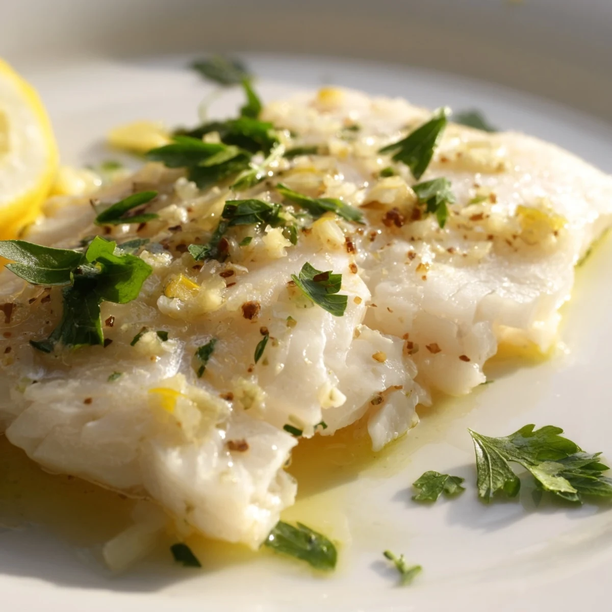 Freshly baked fish fillet with lemon juice, flaky and aromatic, topped with chopped parsley and lemon wedges.