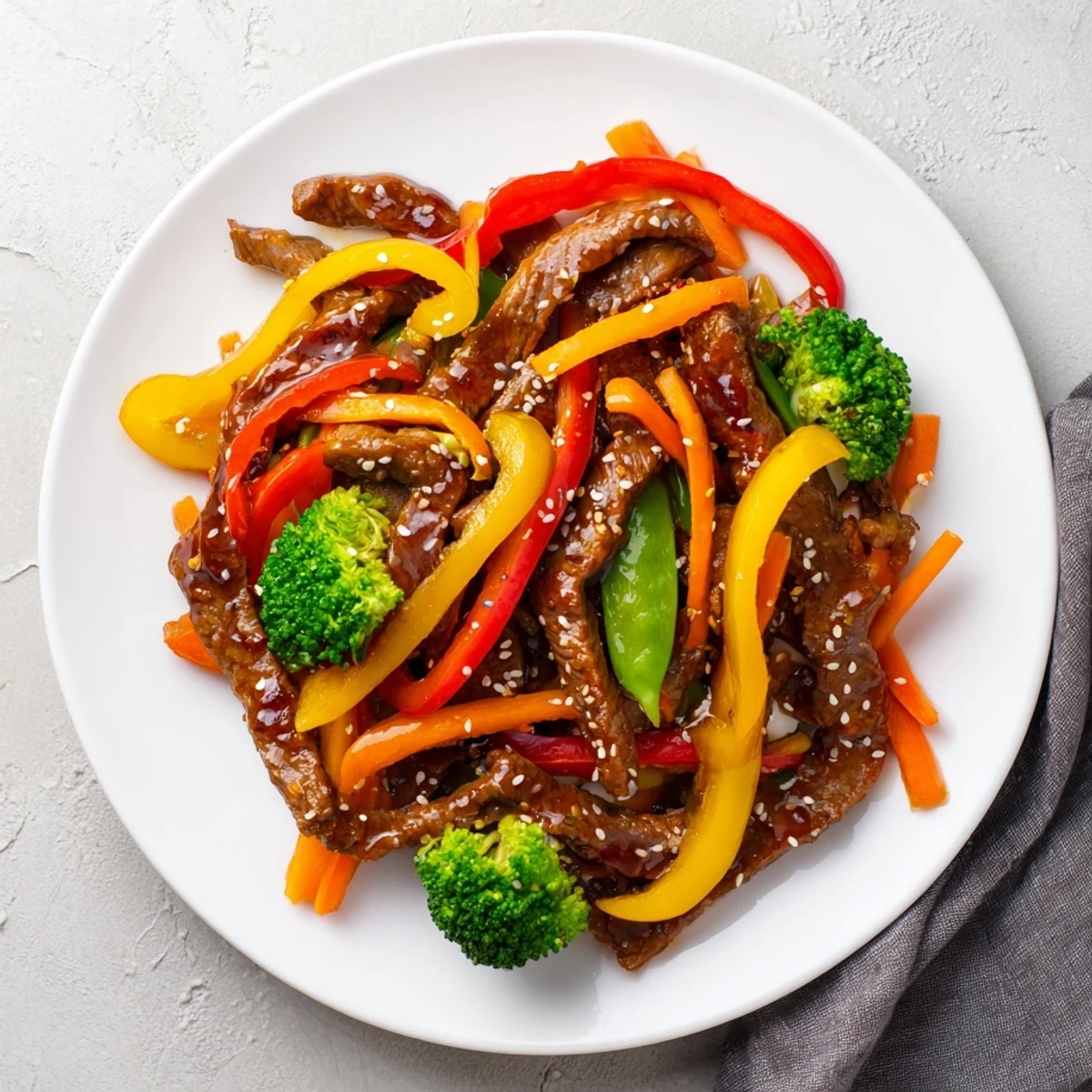 Glossy red and yellow bell peppers mingle with tender beef strips in this spicy stir fry beef with veggies, sizzling in a wok.