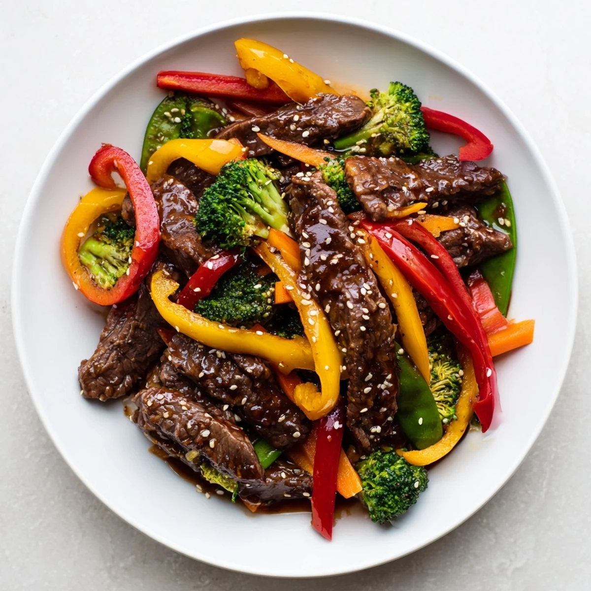 Ready for dinner, steamed rice bowls await a heaping serving of spicy stir fry beef with veggies and fresh spring onions on top.