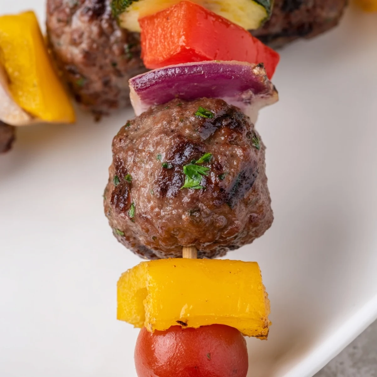 Golden-baked or grilled Beef Appetizer Meatball Skewers with smoky paprika, nestled alongside diced onions and peppers on a rustic wooden platter.