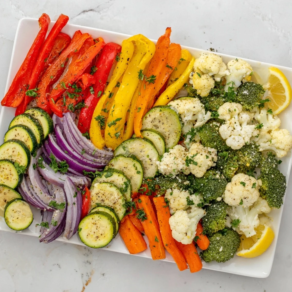 Vibrant Roasted Appetizer Veggie Tray with colorful bell peppers, carrots, and broccoli, garnished with feta and lemon wedges.
