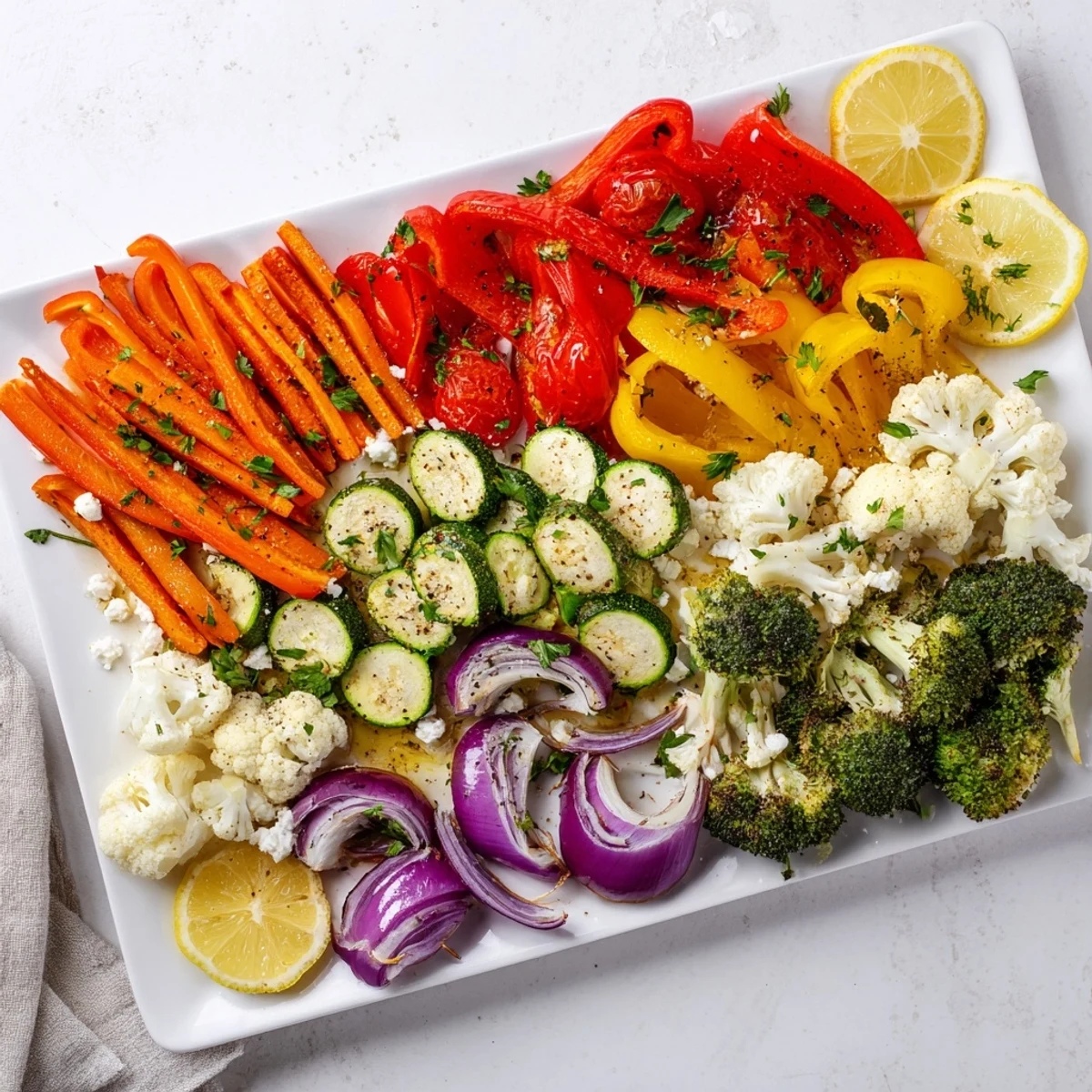 Golden, caramelized Roasted Appetizer Veggie Tray arranged on a platter, perfect for dipping into hummus or tzatziki.