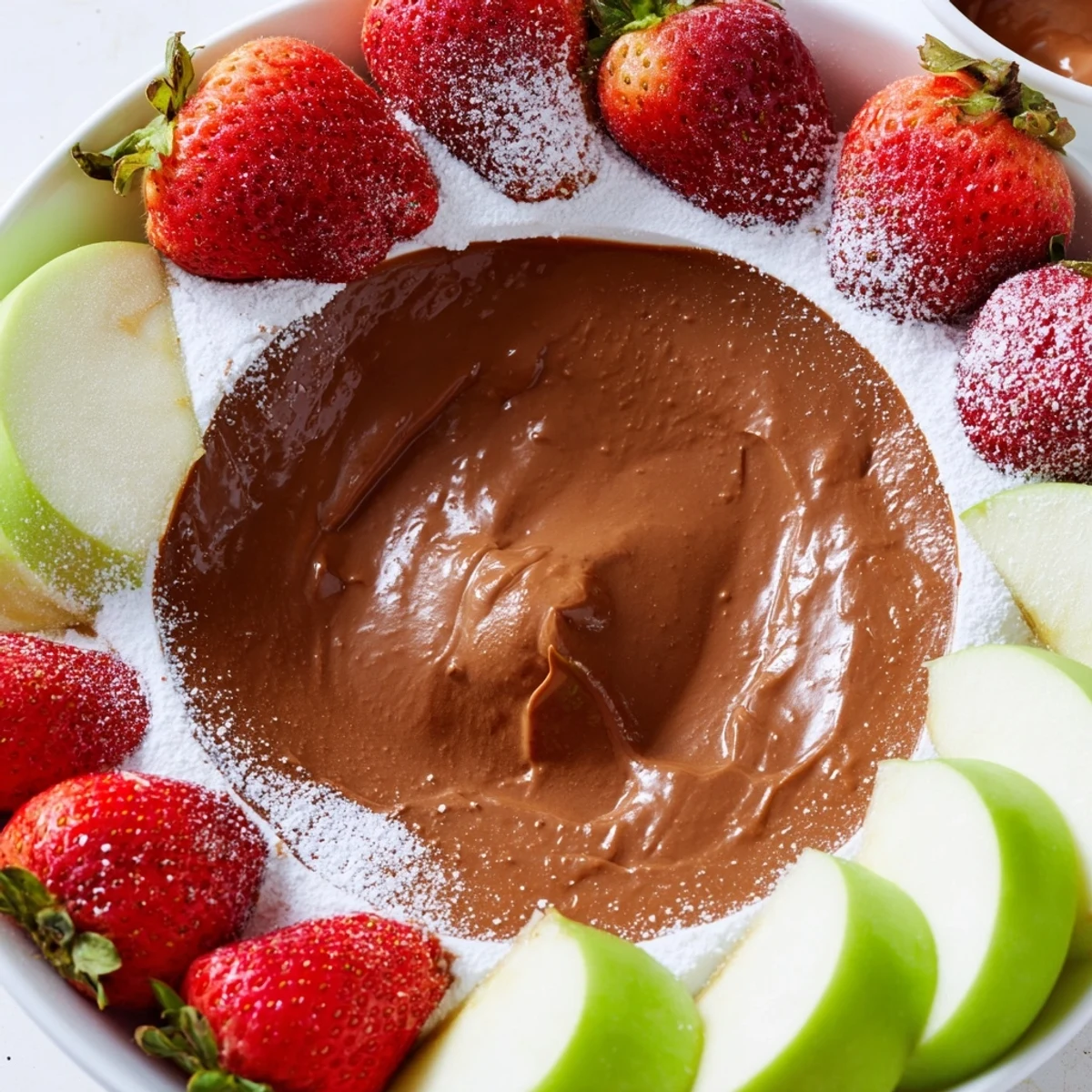 Silky chocolate appetizer fruit dip in a white bowl, ready for dipping banana pieces and juicy pineapple chunks at a festive gathering.  