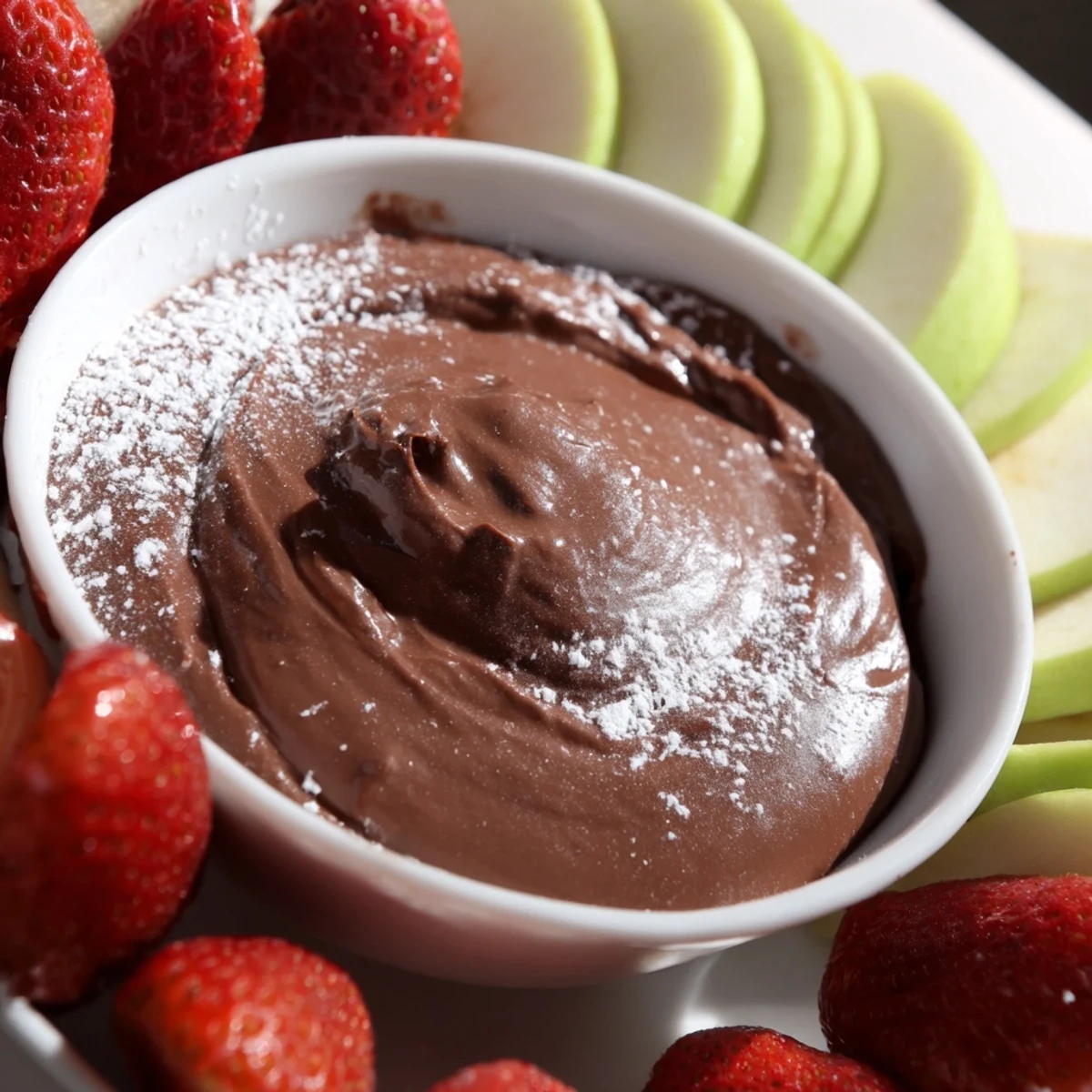 Rich chocolate appetizer fruit dip topped with shaved chocolate, paired with vibrant fruit like strawberries and apple wedges for a sweet snack.