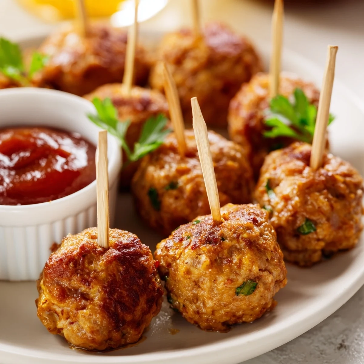 Golden brown Turkey Appetizer Meatball Bites arranged on a platter, ready to serve with toothpicks for easy party snacking.  