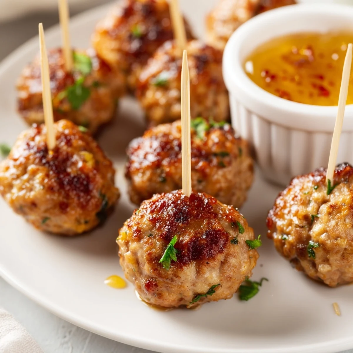 Close-up of baked Turkey Appetizer Meatball Bites beside a small bowl of tangy dipping sauce and fresh parsley garnish.  