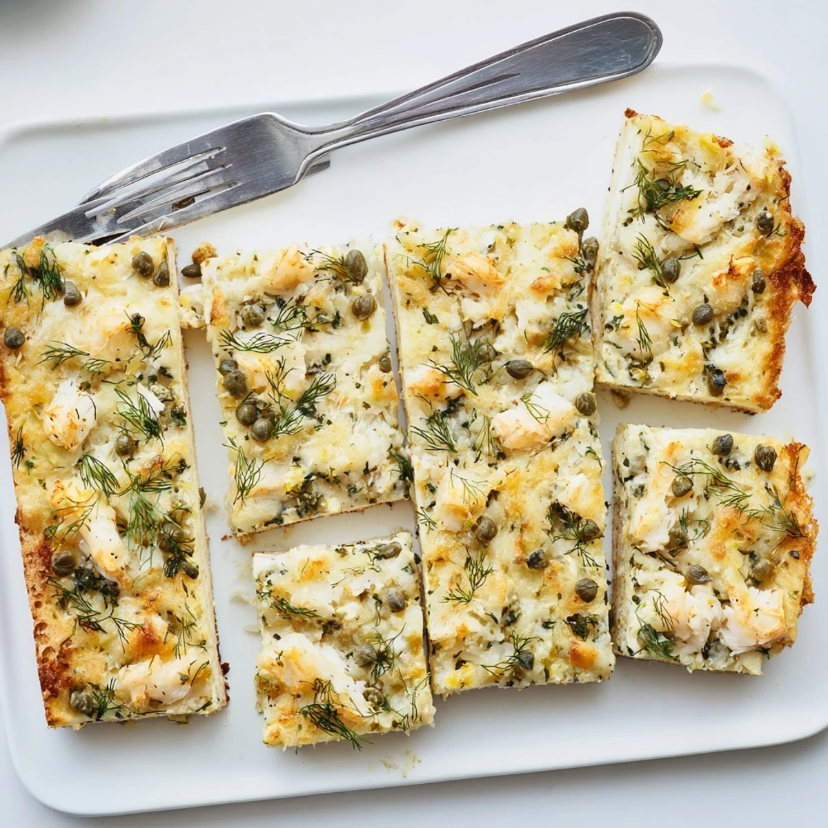 Golden-brown Baked Fish Appetizer Cake sliced open to reveal flaky cod, shrimp, and creamy herb filling, garnished with fresh dill and lemon wedges on a white plate.