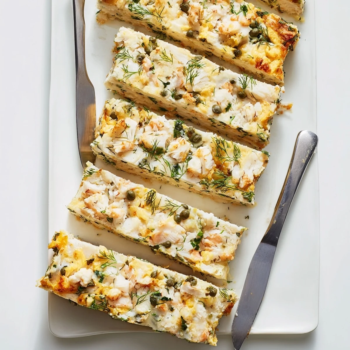 Freshly baked Baked Fish Appetizer Cake resting in a parchment-lined loaf pan, topped with olive oil drizzle and chopped parsley, ready to cool before serving.