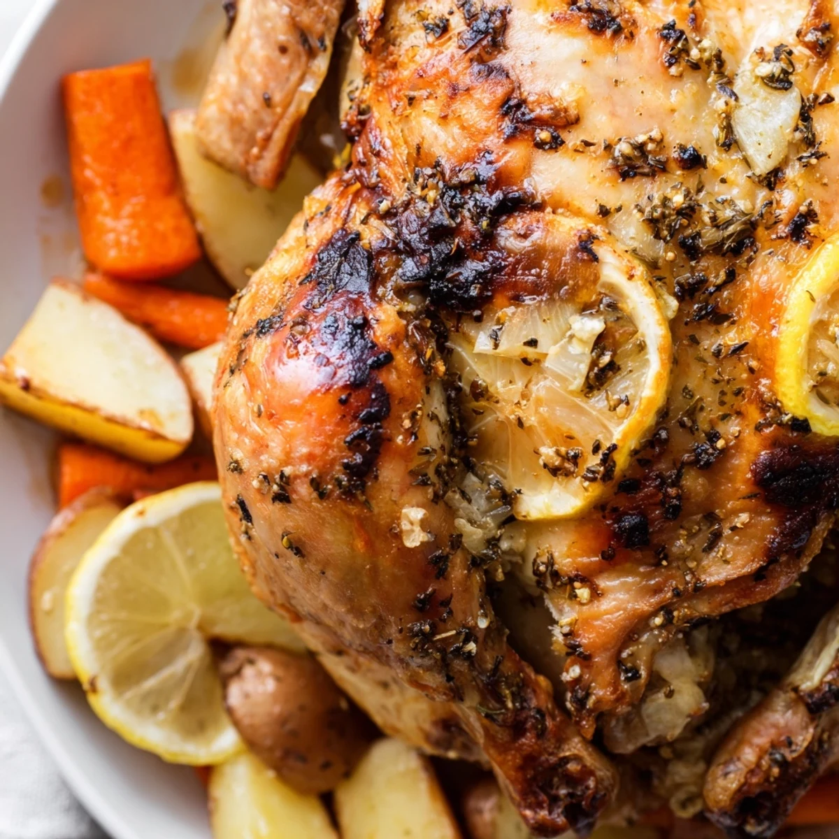 Whole roasted lemon chicken, golden-brown and juicy, garnished with fresh thyme and rosemary sprigs, served alongside tender roasted baby potatoes and carrots on a rustic platter.