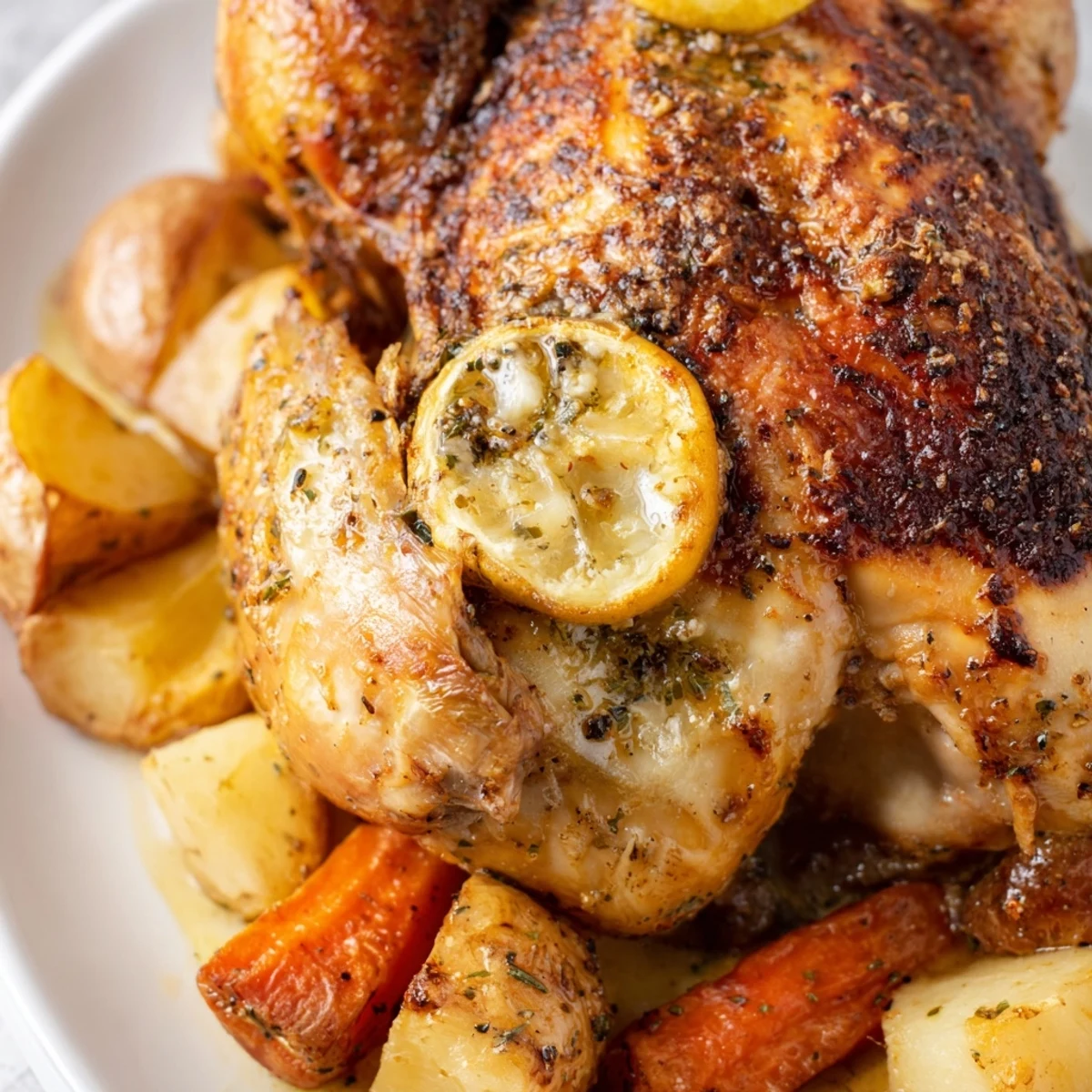 A close-up of succulent lemon herb chicken breast, glistening with pan juices, sitting on a bed of roasted vegetables for a comforting family dinner.