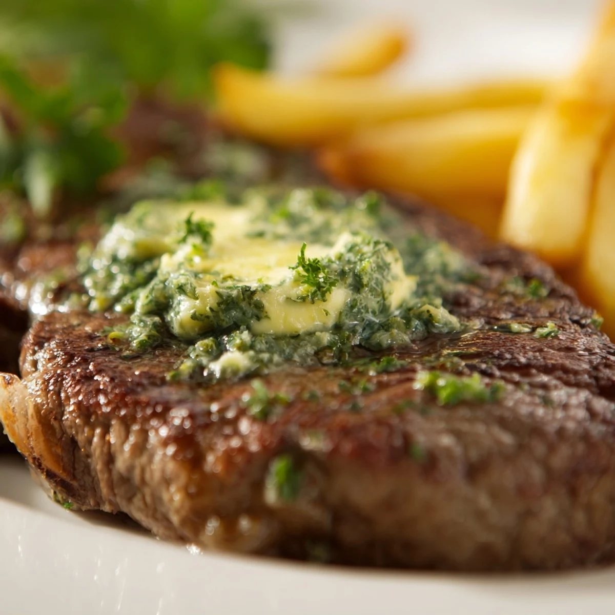 Ribeye steak sizzling in a cast-iron skillet, topped with melting herb butter, paired with golden, crispy French fries.
