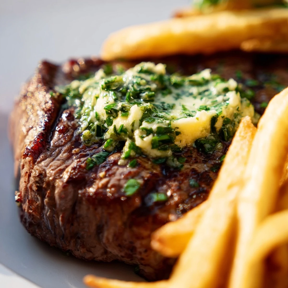 Juicy pan-seared steak topped with melting garlic herb butter served with golden crispy fries and parsley garnish.