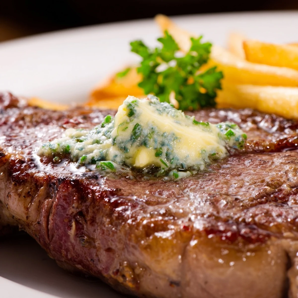 Sliced medium-rare beef resting before serving, alongside a plate of crunchy fries and fresh parsley garnish.