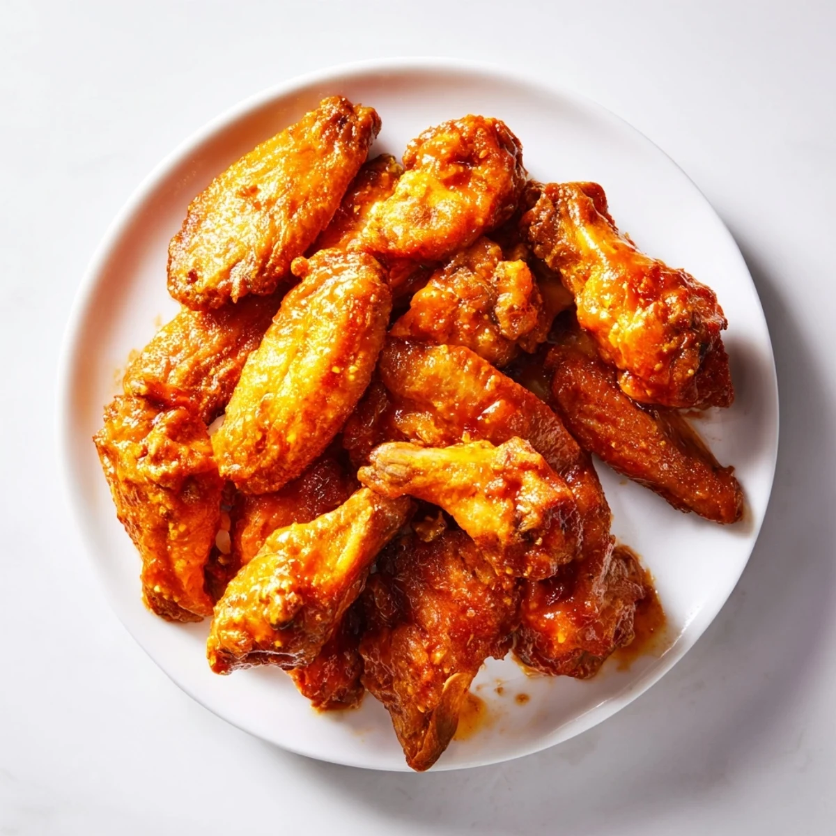 Crispy golden Spicy Chicken Wings tossed in fiery red sauce, served with celery and blue cheese dip on a platter. 