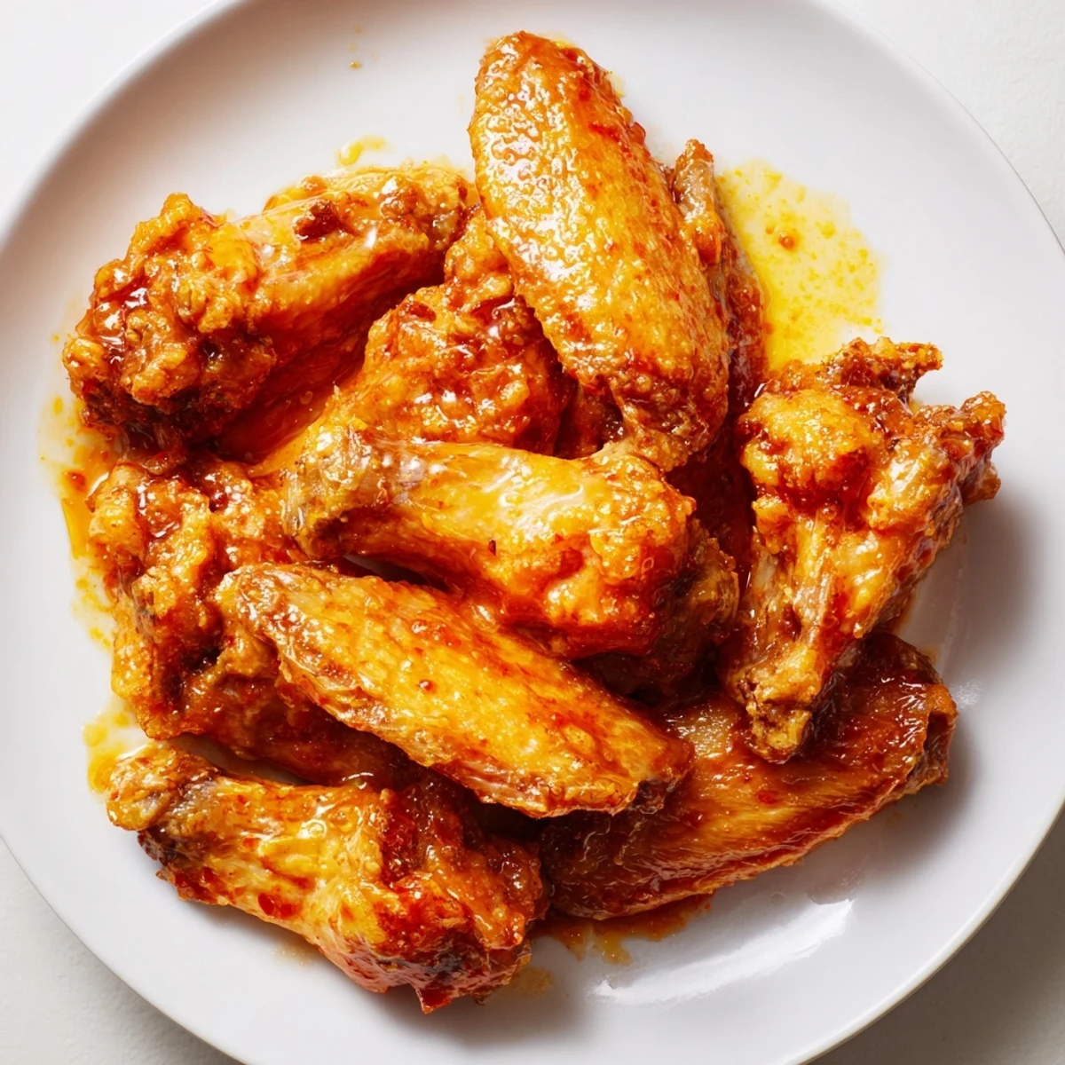 Oven-baked Spicy Chicken Wings glistening with buttery hot sauce, arranged on a wire rack for maximum crispiness. 