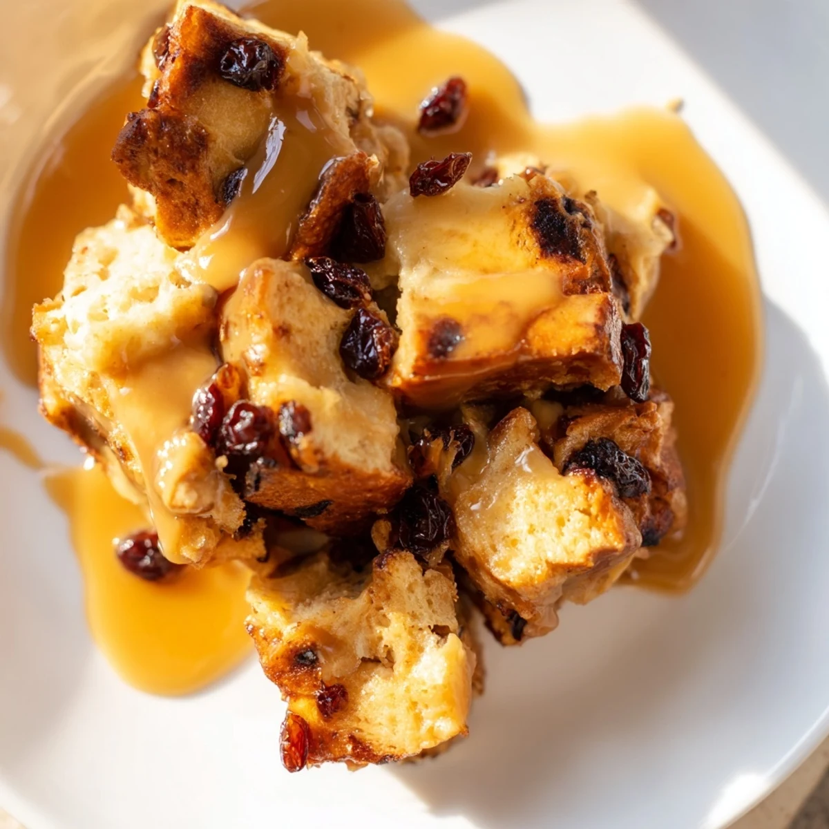 Golden brown New Orleans Bread Pudding with Caramel Sauce served warm on a rustic plate.