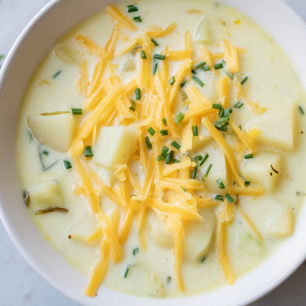 Creamy Irish Cheddar Potato Soup with Chives garnished and served hot in a rustic bowl.