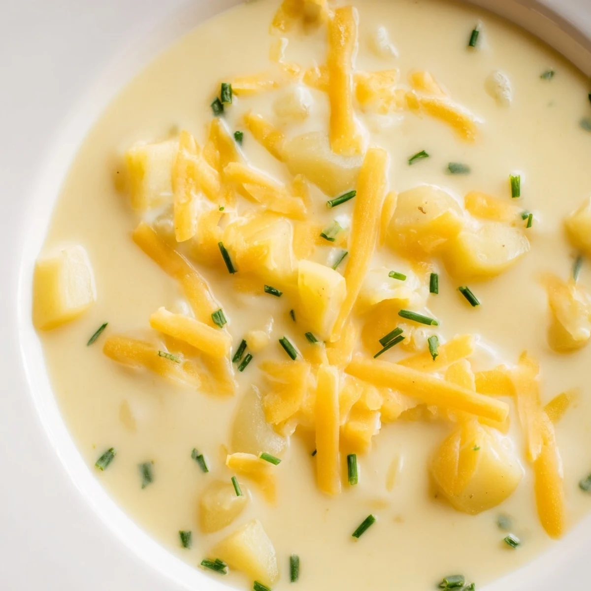 Steaming Irish Cheddar Potato Soup with Chives ladled from a pot, extra sharp cheese on top.